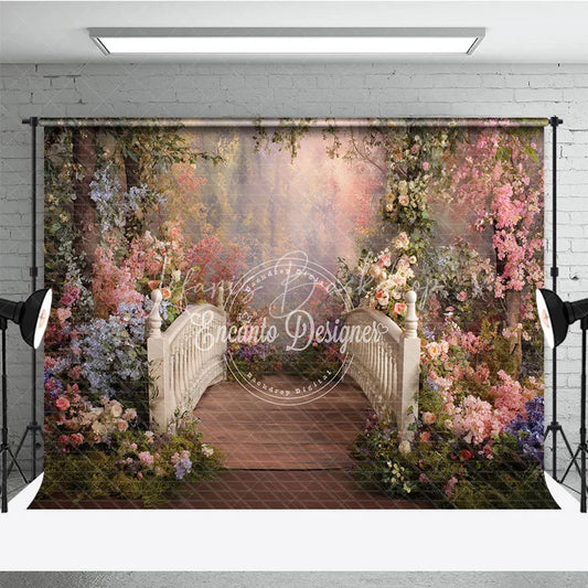 Lofaris Dreamy Enchanted Forest Photography Backdrop with Wooden Bridge Pink and Blue Floral Garden for Fairy Tale Portraits