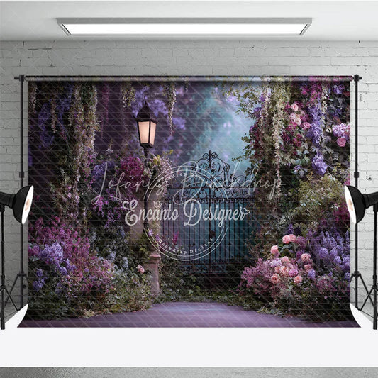 Lofaris Dreamy Enchanted Garden Photography Backdrop Ornate Wrought Iron Gate Vintage Lamp and Floral Arch