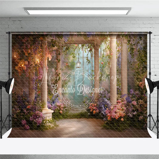 Lofaris Dreamy Fairy Tale Garden Gazebo Photography Backdrop with Classical Columns Cascading Floral Vines and Lanterns