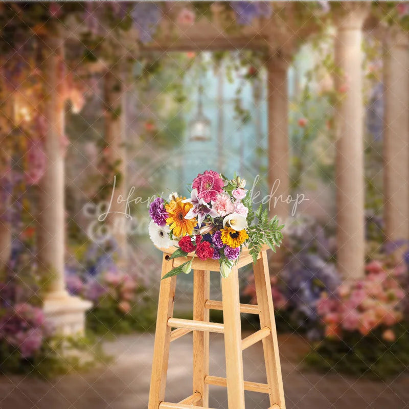 Lofaris Dreamy Fairy Tale Garden Gazebo Photography Backdrop with Classical Columns Cascading Floral Vines and Lanterns