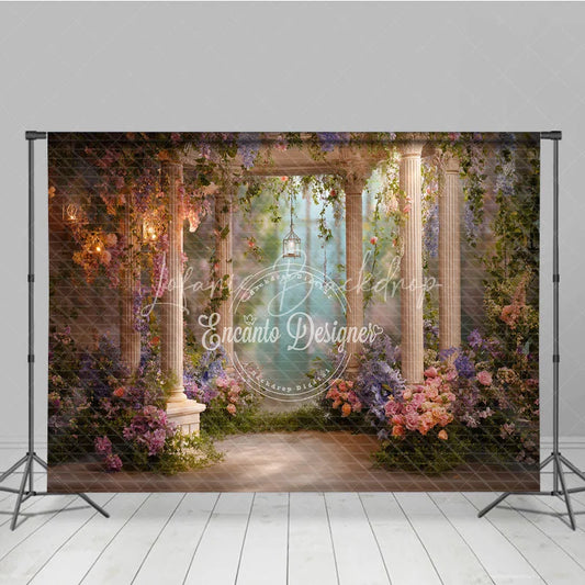 Lofaris Dreamy Fairy Tale Garden Gazebo Photography Backdrop with Classical Columns Cascading Floral Vines and Lanterns