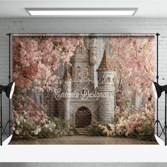 Lofaris Dreamy Fairytale Castle Photography Backdrop with Pink Cherry Blossoms Spring Garden Princess Birthday Party Decor