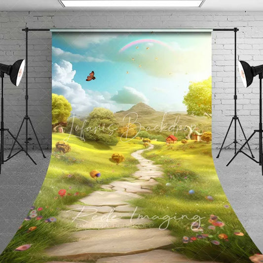 Lofaris Dreamy Fairytale Natural Scenery Backdrop Winding Path Green Field Rainbow Butterfly Photography Studio