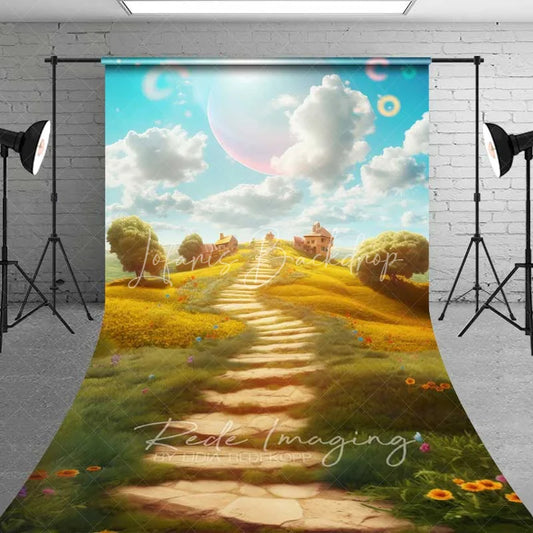 Lofaris Dreamy Fantasy Landscape Backdrop Winding Stone Path Yellow Flowers Magical Village Sky Photography