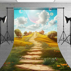 Lofaris Dreamy Fantasy Landscape Backdrop Winding Stone Path Yellow Flowers Magical Village Sky Photography