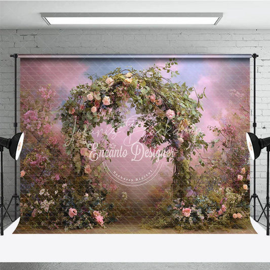 Lofaris Dreamy Floral Arch Photography Backdrop with Lush Greenery and Pink Blue Sky Romantic Garden Scene for Events