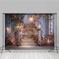Lofaris Dreamy Floral Staircase Photography Backdrop with Glowing Lanterns Elegant Wedding and Engagement Party Decor
