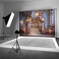 Lofaris Dreamy Floral Staircase Photography Backdrop with Glowing Lanterns Elegant Wedding and Engagement Party Decor