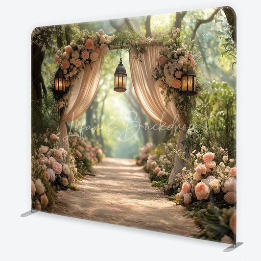 Lofaris Dreamy Forest Archway with Pink Roses and Lanterns Square Double-Sided Backdrop Elegant Wedding Decor