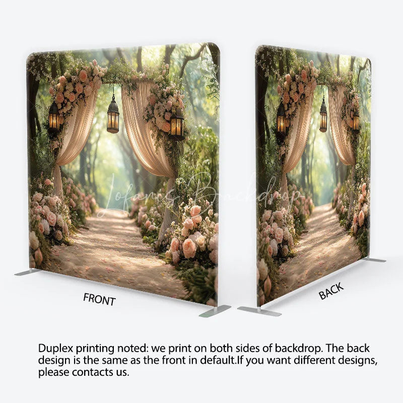 Lofaris Dreamy Forest Archway with Pink Roses and Lanterns Square Double-Sided Backdrop Elegant Wedding Decor