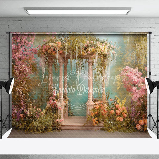 Lofaris Dreamy Garden Photography Backdrop with Elegant Stone Gazebo Pink Cherry Blossoms and Lush Pastel Flowers