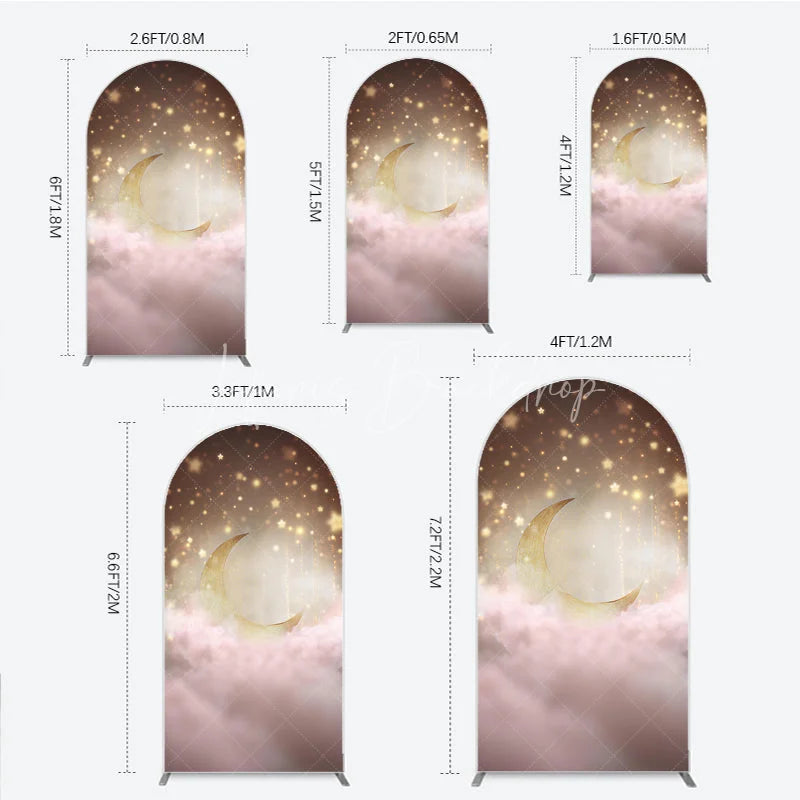 Lofaris Dreamy Golden Moon and Sparkling Stars Round Top Arch Backdrop Pink Clouds Baby Shower or Birthday Party Decor