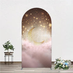 Lofaris Dreamy Golden Moon and Sparkling Stars Round Top Arch Backdrop Pink Clouds Baby Shower or Birthday Party Decor