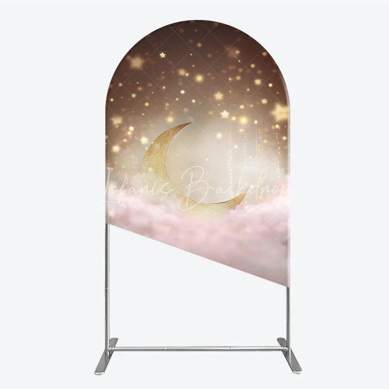 Lofaris Dreamy Golden Moon and Sparkling Stars Round Top Arch Backdrop Pink Clouds Baby Shower or Birthday Party Decor