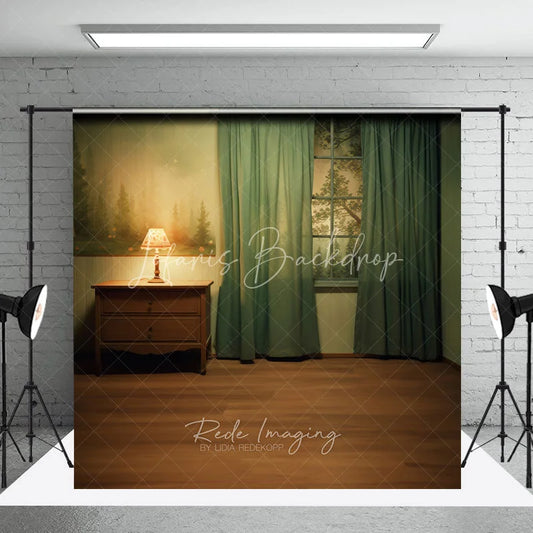 Lofaris Dreamy Indoor Photography Backdrop with Forest Mural Window and Green Curtains Wooden Nightstand Lamp