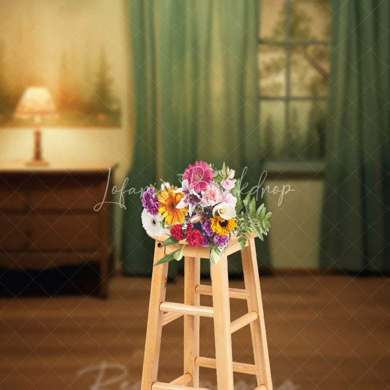 Lofaris Dreamy Indoor Photography Backdrop with Forest Mural Window and Green Curtains Wooden Nightstand Lamp