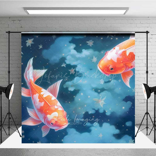 Lofaris Dreamy Koi Fish Photography Backdrop Two Goldfish Swimming in a Starry Night Sky Fine Art Japanese Style Prop