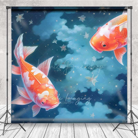 Lofaris Dreamy Koi Fish Photography Backdrop Two Goldfish Swimming in a Starry Night Sky Fine Art Japanese Style Prop