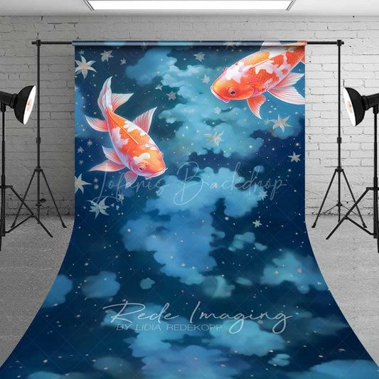 Lofaris Dreamy Koi Fish Sweep Photography Backdrop with Floor Goldfish in a Starry Night Sky Fine Art Japanese Style Prop