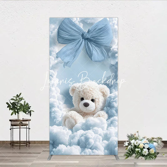Lofaris Dreamy Light Blue Bow and White Teddy Bear in Clouds Rectangle Arch Backdrop for Baby Shower Birthday Party