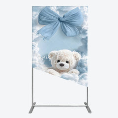 Lofaris Dreamy Light Blue Bow and White Teddy Bear in Clouds Rectangle Arch Backdrop for Baby Shower Birthday Party