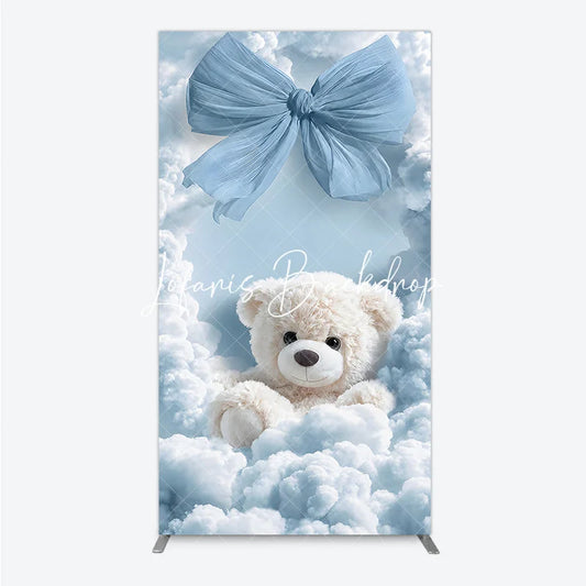 Lofaris Dreamy Light Blue Bow and White Teddy Bear in Clouds Rectangle Arch Backdrop for Baby Shower Birthday Party