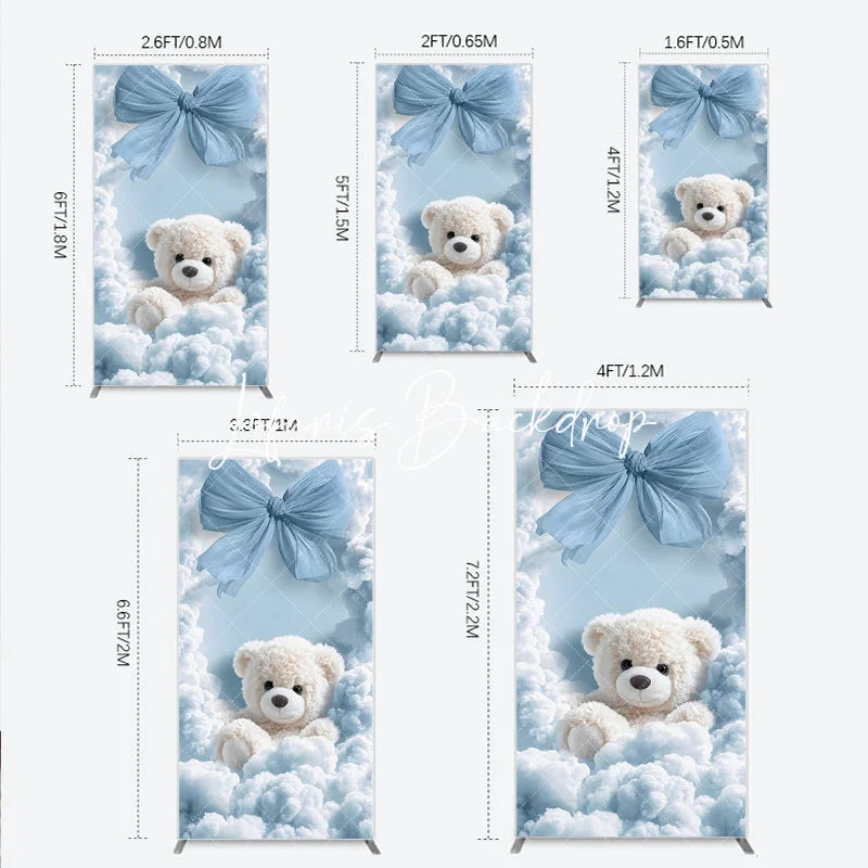 Lofaris Dreamy Light Blue Bow and White Teddy Bear in Clouds Rectangle Arch Backdrop for Baby Shower Birthday Party