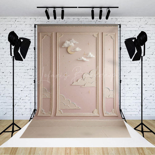 Lofaris Dreamy Moon and Clouds Cake Smash Backdrop Pink Wall with Gold Stars Twinkle First Birthday Photo Prop