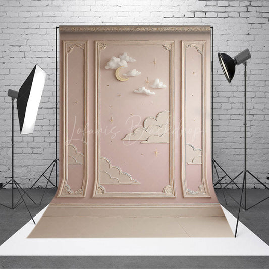 Lofaris Dreamy Moon and Clouds Cake Smash Backdrop Pink Wall with Gold Stars Twinkle First Birthday Photo Prop