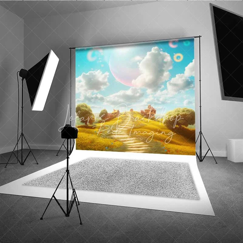 Lofaris Dreamy Natural Scenery Backdrop Fantasy Village Winding Path Celestial Sky Photography Background