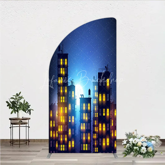 Lofaris Dreamy Night City Half Moon Arch Backdrop featuring Glowing Windows and a Starry Full