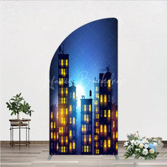 Lofaris Dreamy Night City Half Moon Arch Backdrop featuring Glowing Windows and a Starry Full
