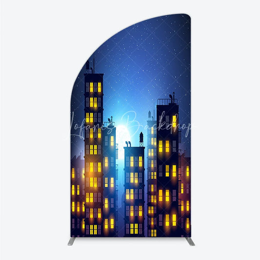 Lofaris Dreamy Night City Half Moon Arch Backdrop featuring Glowing Windows and a Starry Full