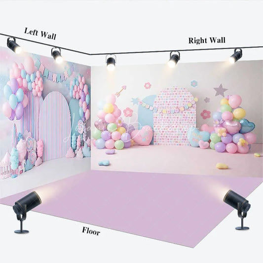 Lofaris Dreamy Pastel Candy Land Room Set Backdrop with Balloons Heart Pillows and Striped Arch for Baby Shower