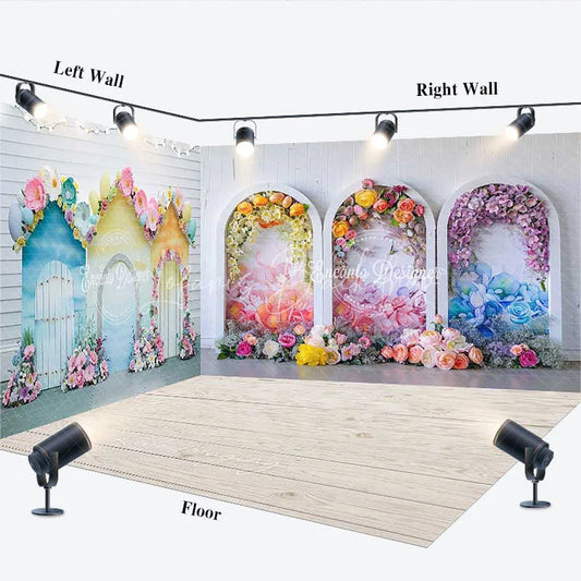 Lofaris Dreamy Pastel Floral Archways and House Cutouts Room Set Backdrop Enchanting Birthday Party Decor