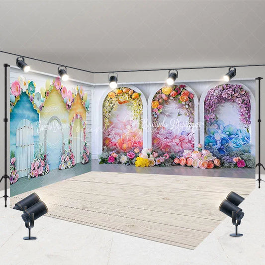 Lofaris Dreamy Pastel Floral Archways and House Cutouts Room Set Backdrop Enchanting Birthday Party Decor