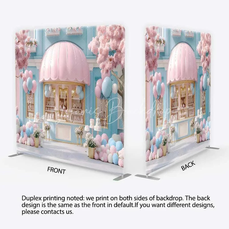 Lofaris Dreamy Pastel Pink and Blue Sweet Shop Square Double-Sided Backdrop Cherry Blossom Bakery Birthday Party Decor