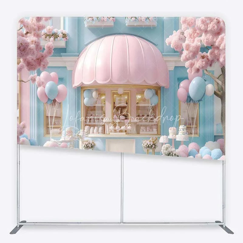 Lofaris Dreamy Pastel Pink and Blue Sweet Shop Square Double-Sided Backdrop Cherry Blossom Bakery Birthday Party Decor