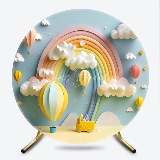 Lofaris Dreamy Pastel Rainbow Hot Air Balloon Round Backdrop Whimsical Baby Shower Birthday Party Decor
