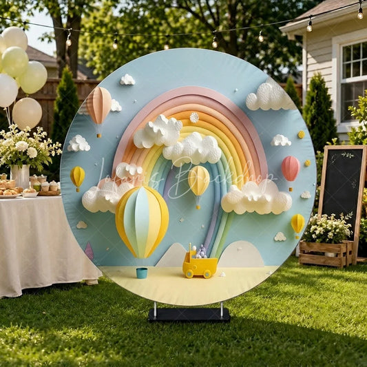 Lofaris Dreamy Pastel Rainbow Hot Air Balloon Round Backdrop Whimsical Baby Shower Birthday Party Decor