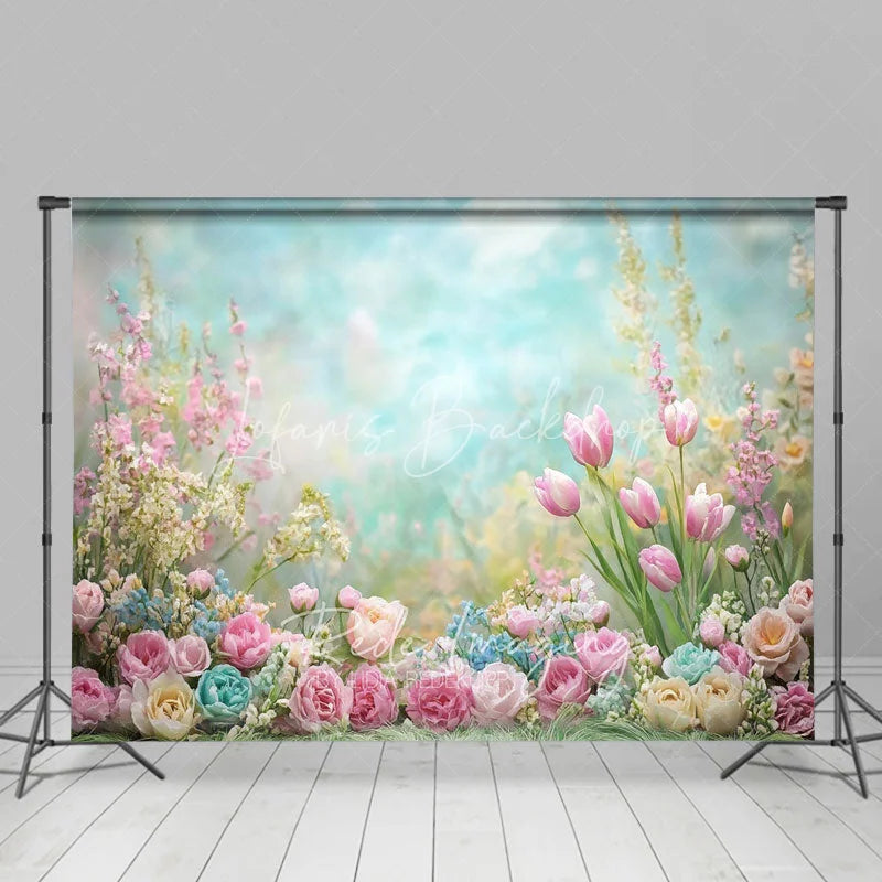 Lofaris Dreamy Pastel Spring Floral Backdrop Pink Tulip Rose Garden Studio Portrait Photography Background