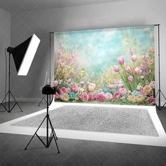 Lofaris Dreamy Pastel Spring Floral Backdrop Pink Tulip Rose Garden Studio Portrait Photography Background