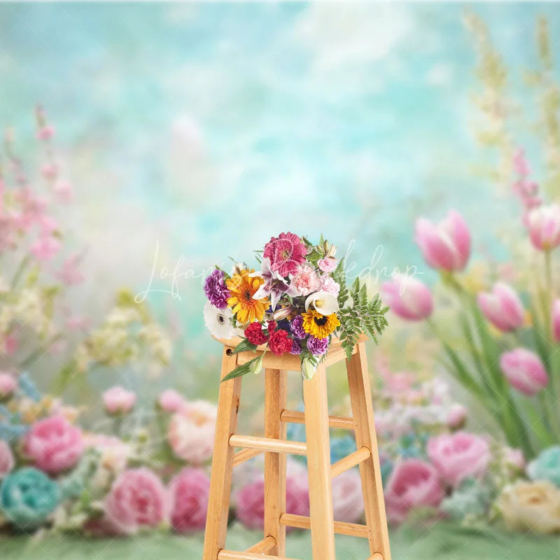 Lofaris Dreamy Pastel Spring Floral Backdrop Pink Tulip Rose Garden Studio Portrait Photography Background