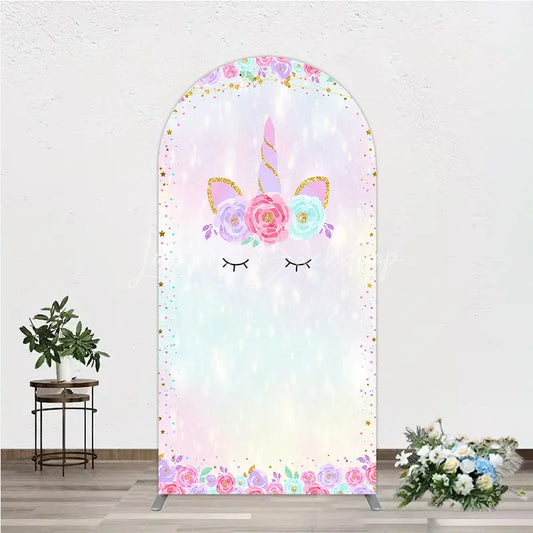 Lofaris Dreamy Pastel Unicorn Floral Glitter Round Top Arch Backdrop Magical Birthday Baby Shower Party Decor