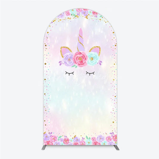 Lofaris Dreamy Pastel Unicorn Floral Glitter Round Top Arch Backdrop Magical Birthday Baby Shower Party Decor