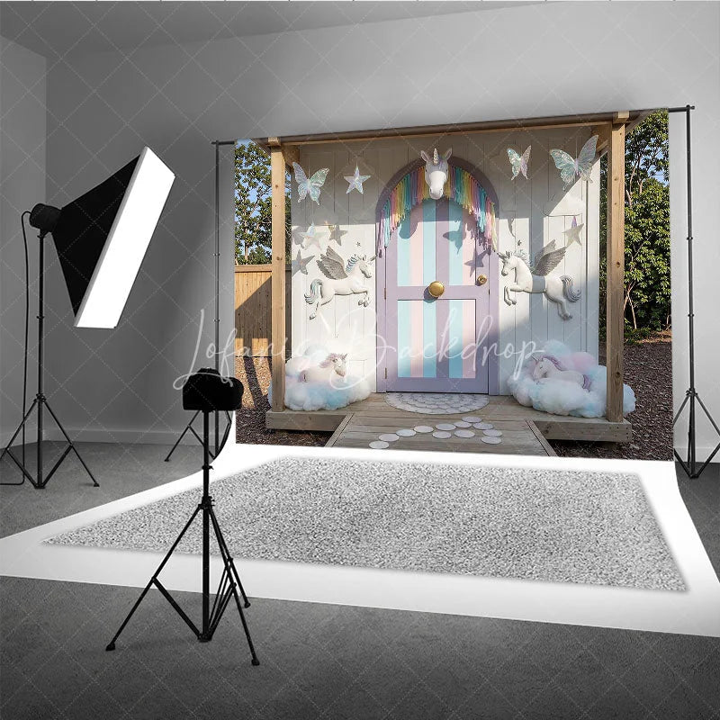 Lofaris Dreamy Pastel Unicorn Photography Backdrop with Rainbow Fringe and Clouds Magical Fairytale Birthday Party Decor