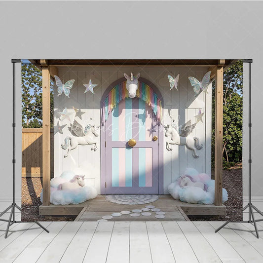 Lofaris Dreamy Pastel Unicorn Photography Backdrop with Rainbow Fringe and Clouds Magical Fairytale Birthday Party Decor