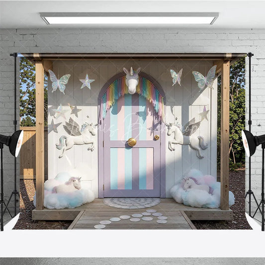Lofaris Dreamy Pastel Unicorn Photography Backdrop with Rainbow Fringe and Clouds Magical Fairytale Birthday Party Decor