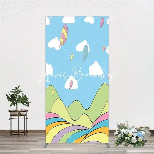 Lofaris Dreamy Pastel Whimsical Cartoon Landscape Rectangle Arch Backdrop Hills and Floating Balloons for Birthday Party