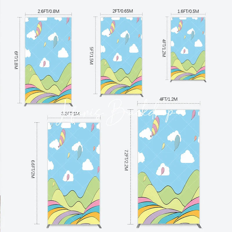Lofaris Dreamy Pastel Whimsical Cartoon Landscape Rectangle Arch Backdrop Hills and Floating Balloons for Birthday Party